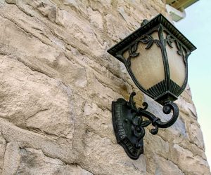 Limestone with mounted exterior light